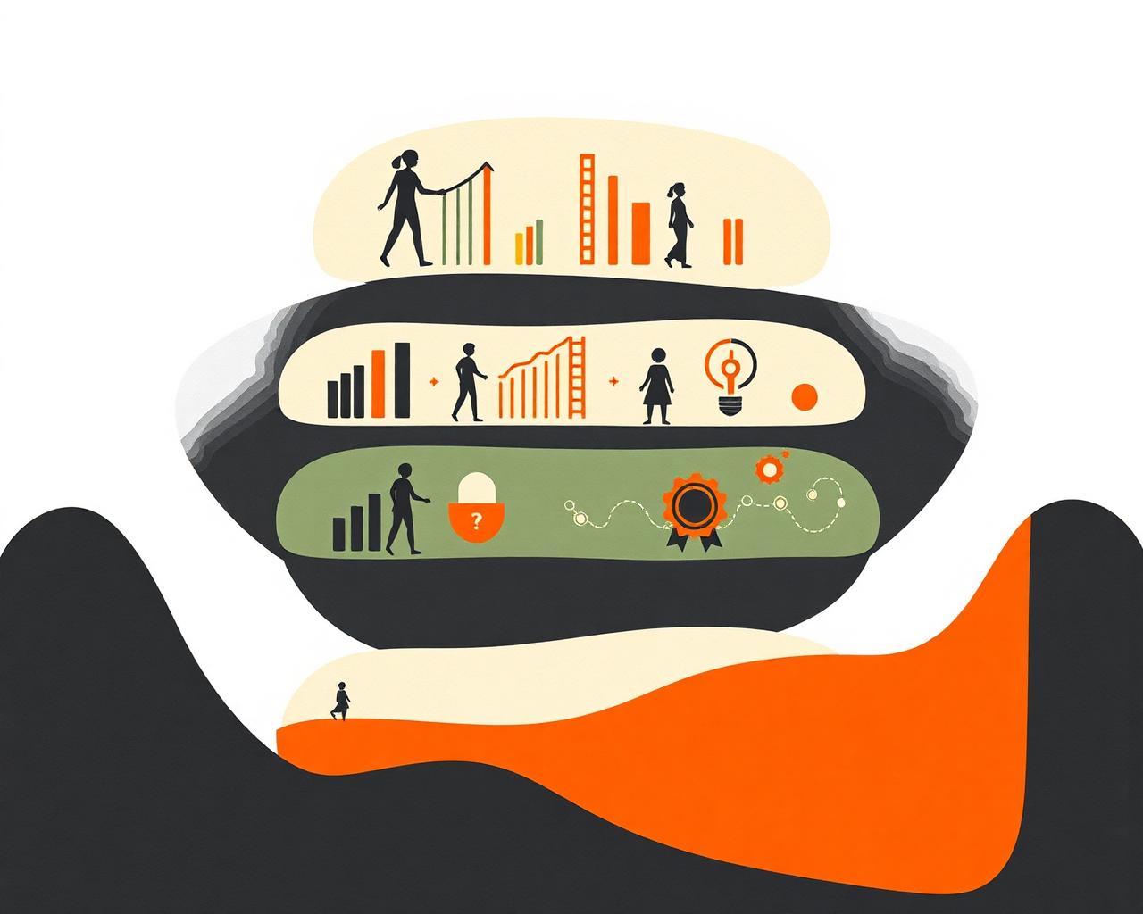Abstract illustration of five stacked layers showing how people, performance, careers, data and foundation build into one service