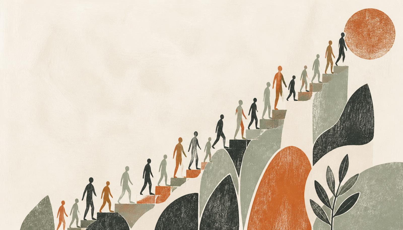 Illustration of people climbing a rising path, drawn as simple abstract figures